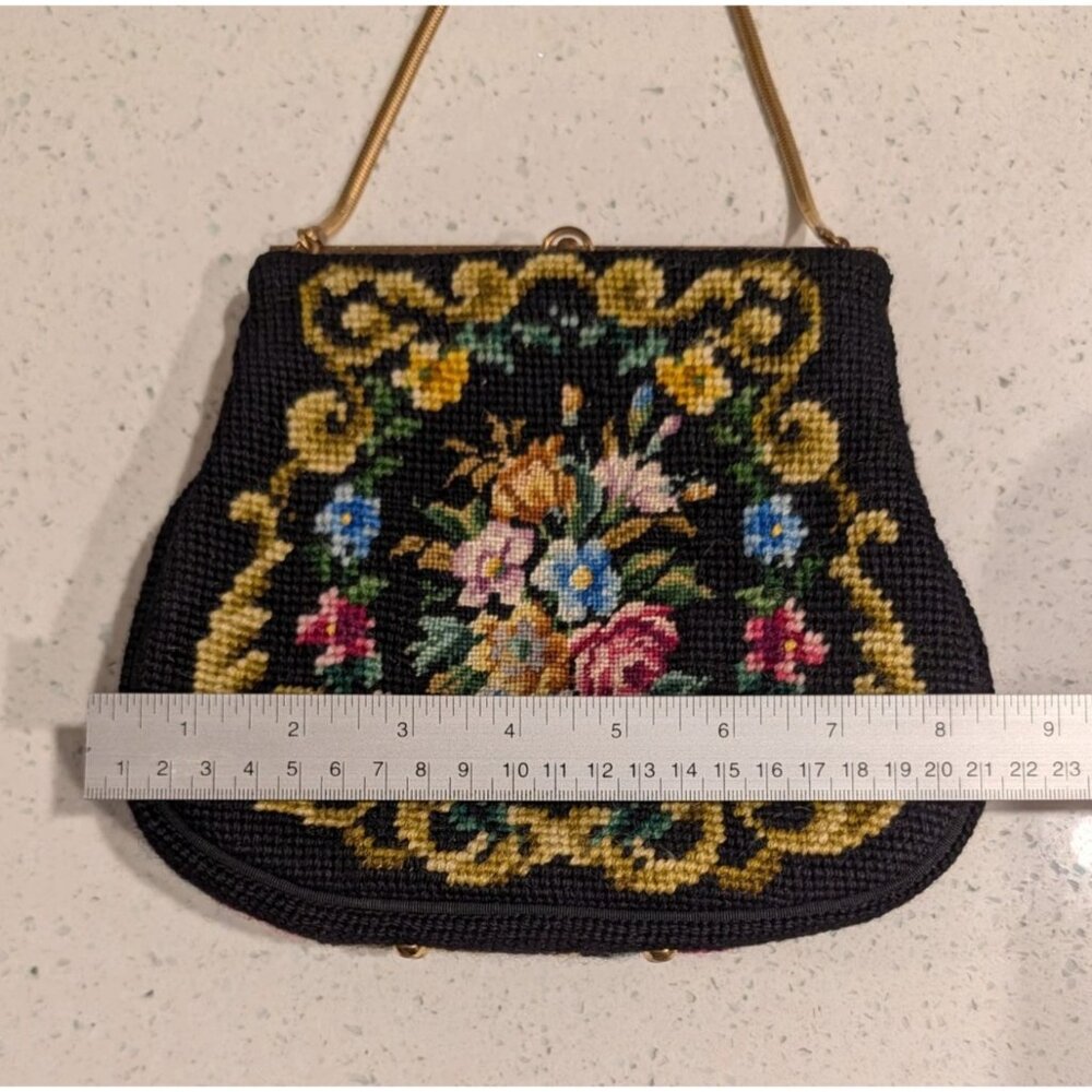 Vintage Floral Needlepoint Evening Bag Metal Frame Chain Strap etched clasp - Picture 12 of 16